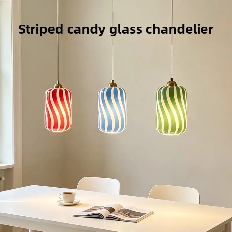 Cross-border Pendant Lamp French Antique Striped Glass Chandelier Dopamine Color Single-headed Homestay Cafe Bar Decorative Lamp