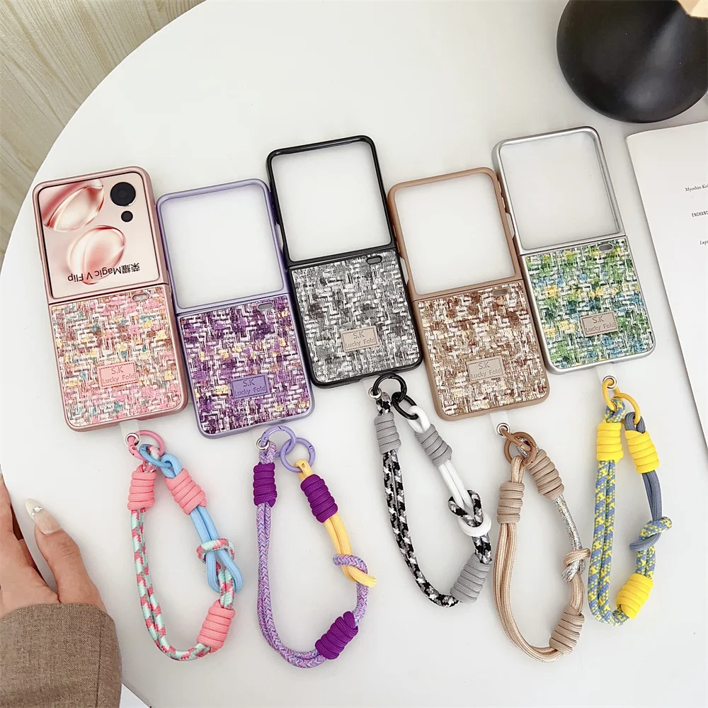 Colorful Woven Pattern Phone Case For Honor Magic V Flip PC Hard Shell Hand Strap Protective Back Cover