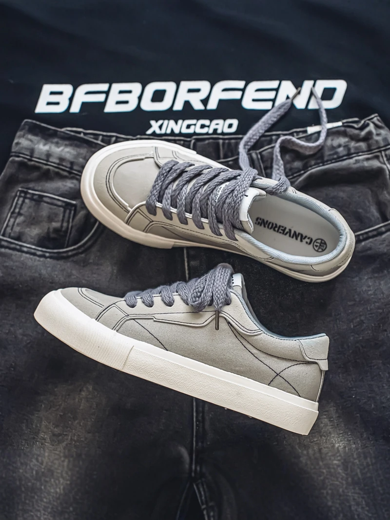 Casual Canvas Shoes for Men Trendy All-Match Low-Top Flat Heel Thick Bottom Fashionable Spring Autumn Wear Resistant Rubber Sole