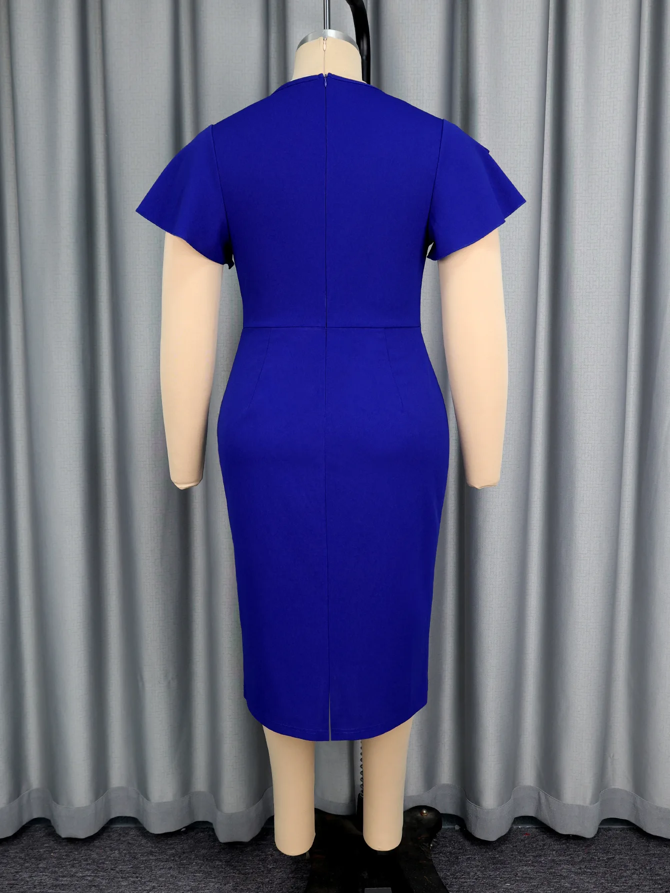 Elegant V-neck Beading Irregular Ruffles Side Split Tea Length Formal Evening Dress With Short Sleeves Blue
