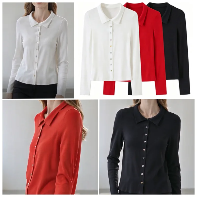 Guobioziy 2026 Women's New ThreeColor LongSleeve PoloStyle Casual ButtonUp Top Fashionable and Versatile Elegant and Stylish