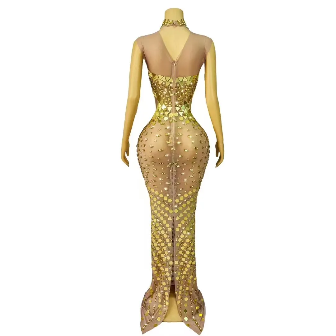 Sexy Gold Silver Mirrors Rhinestones Hollow Waist Dress Transparent Outfit Dance Stage Show Nightclub Costume Photoshoot Dress