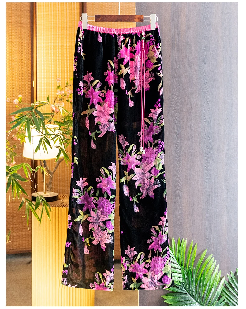 Celana panjang lurus wanita, S-XXL bunga tanaman Velvet elastis pinggang rumbai kancing + saku elegan musim gugur dan musim dingin