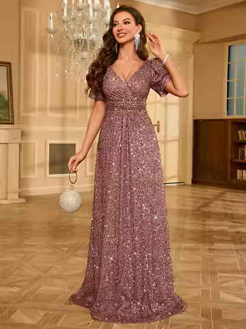 UNITHORSE Glitter V-neck Short Sleeve Lantern Dress Evening Gown Shiny Sequins Women's Party Dress