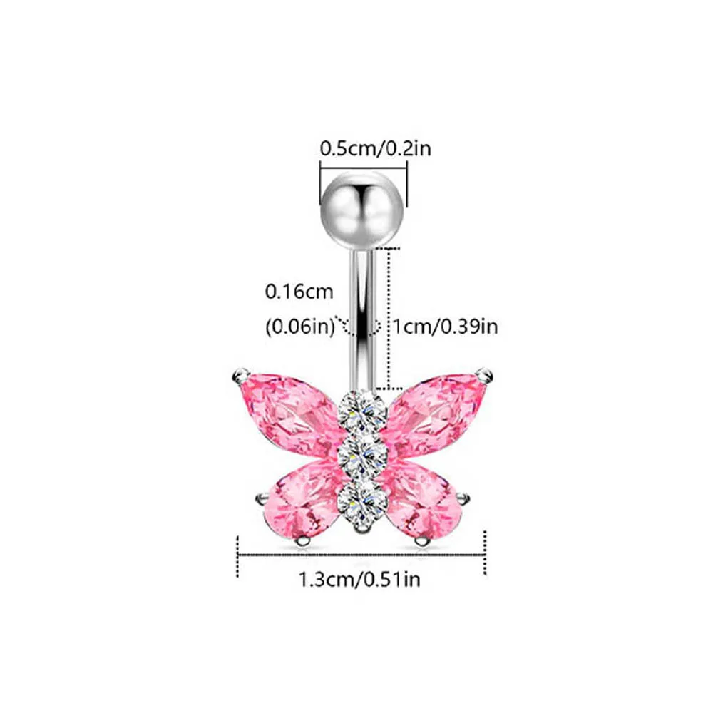 4Style Pink CZ Piercing Rings, Stainless Steel Multi-Shape Body Jewelry Set, Devil Round Butterfly Belly Rings