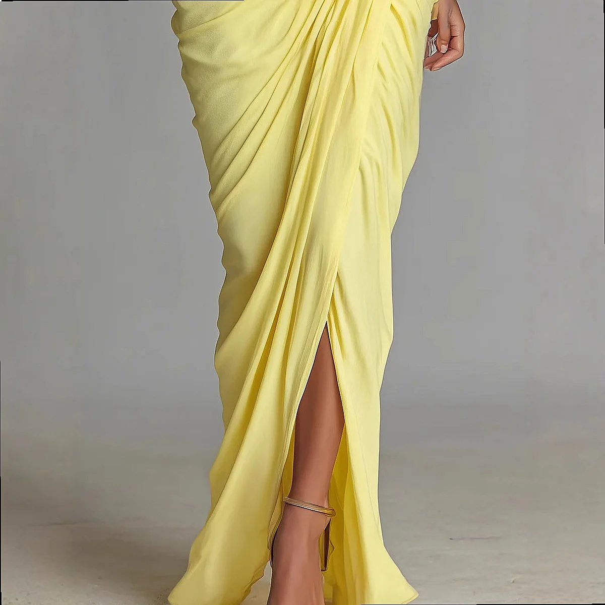 Yellow Pleated Waist Dress High Neck Long Dress Dresses Spring Summer