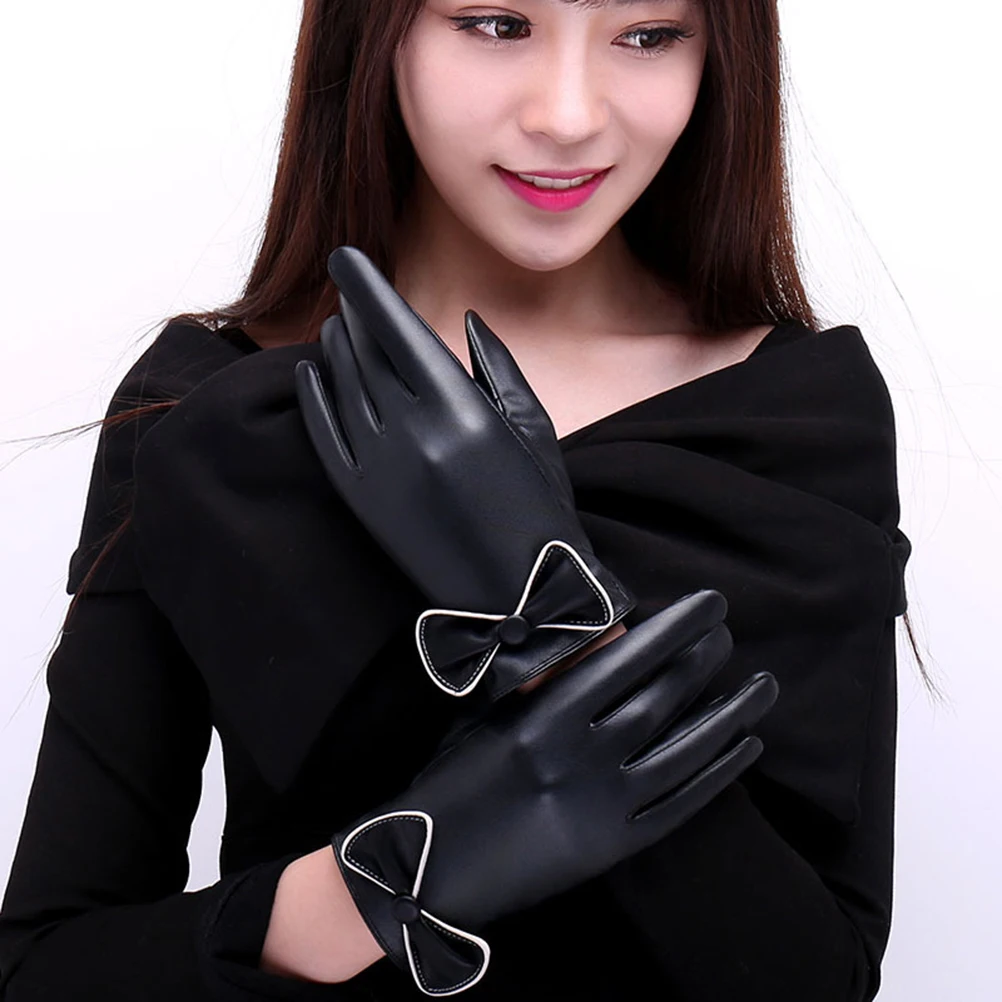 

1Pair Women PU Winter Gloves Thick Warm Bow-Knot Windproof Touch Screen Outdoor Black Winter Gloves