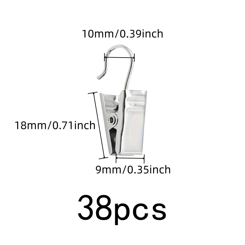 38 pcs Open Curtain Hooks Silver Open-End Design, designed for Bathroom Shower Curtain, Rust Resistant Metal