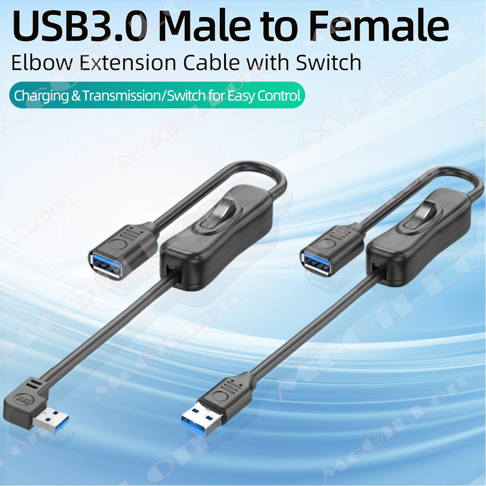 USB3.0 Switch Extension Cable Support Data Transmit and Power Supply with On/Off Power Switch for LED Strips, USB Devices Etc