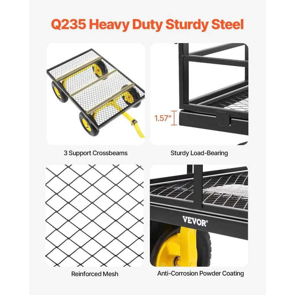 Carrello da giardino in acciaio resistente da 1400 libbre con pneumatici per tutti i terreni, lati in rete rimovibili e maniglia girevole a 180 gradi