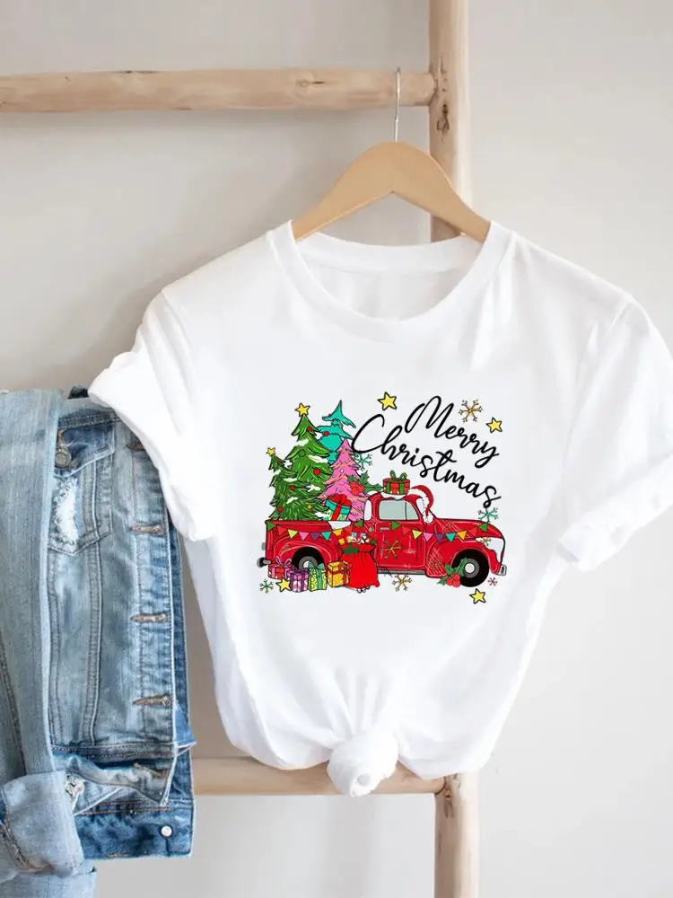 Print Happy Holiday Clothing Merry Christmas New Year Fashion Truck Cute 90s Style Top Tees Graphic T Shirt Women T-shirt