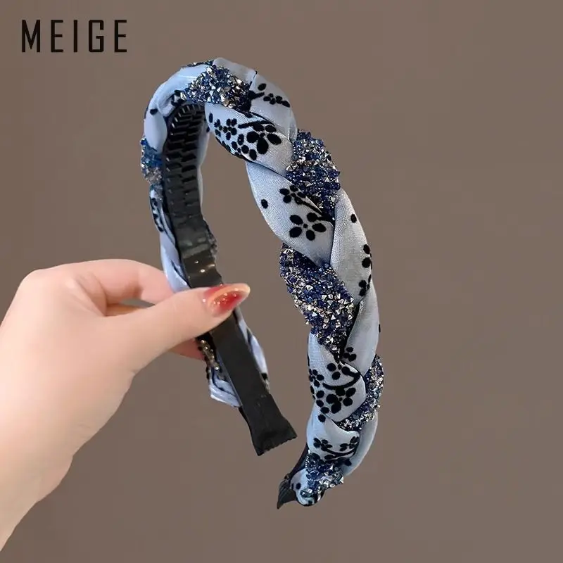 

Imitation Pearl Rhinestone Fabric Hair Clip Misty Blue Braid Hair Accessories Toothed Nonslip HairBand Hairpin Fashion Headband