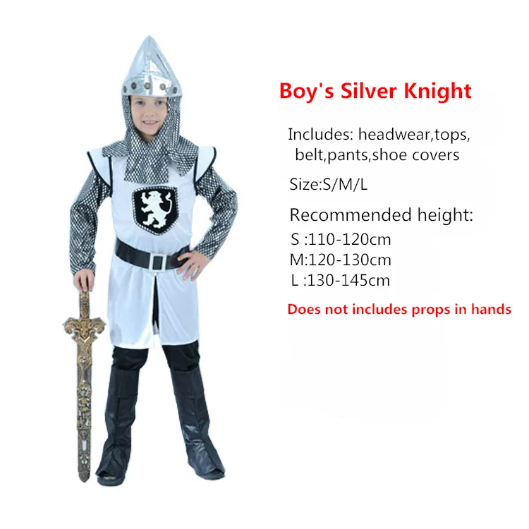 Kigurumi Kinder Silber Mittelalter Krieger Ritter Kostüm Karneval Halloween Party Maskerade Rollenspiel Kleidung Set für Kinder