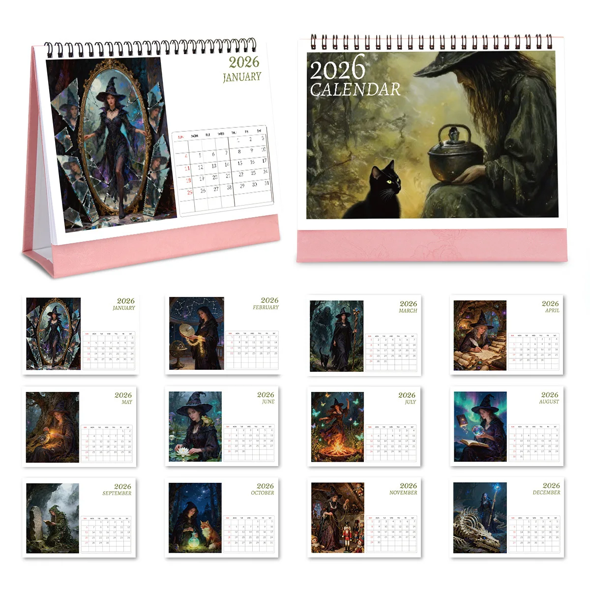 

1PC Mysterious Witch & Black Cat-Themed Desktop Calendar, Perfect for Mystical Style Enthusiasts Ideal as 2026 New Year Gift