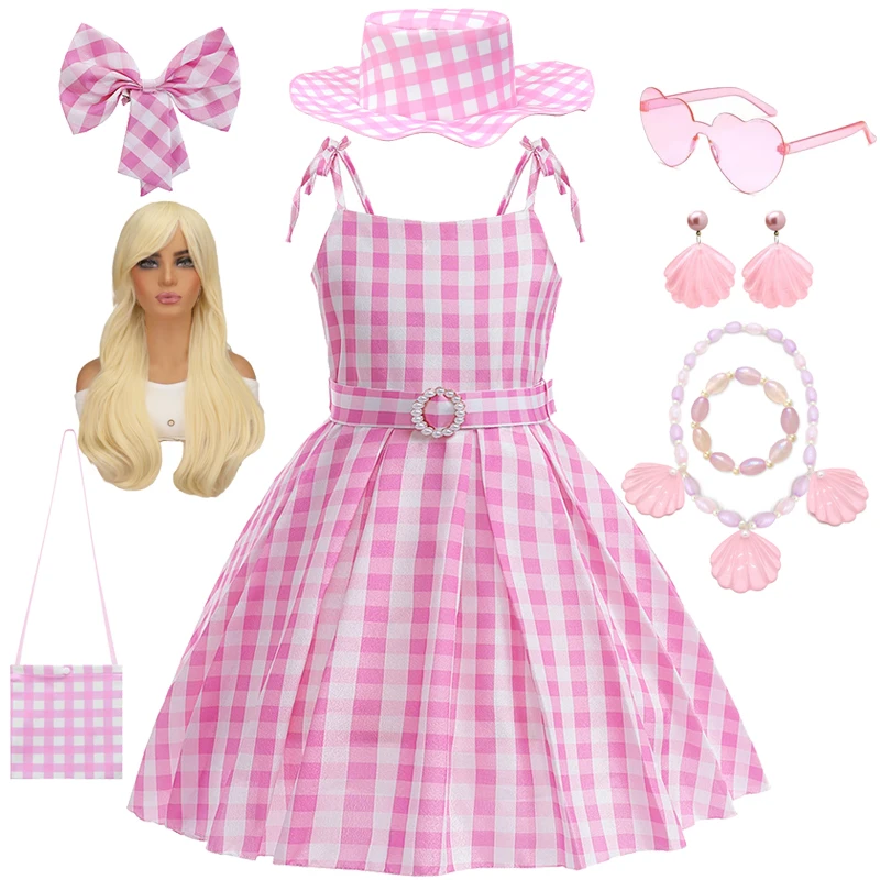 

Movie Barbi Costume for Girls Pink Plaid Margot Robbie Cosplay Kids Princess Dress Birthday Halloween Carnival Party Vestidos