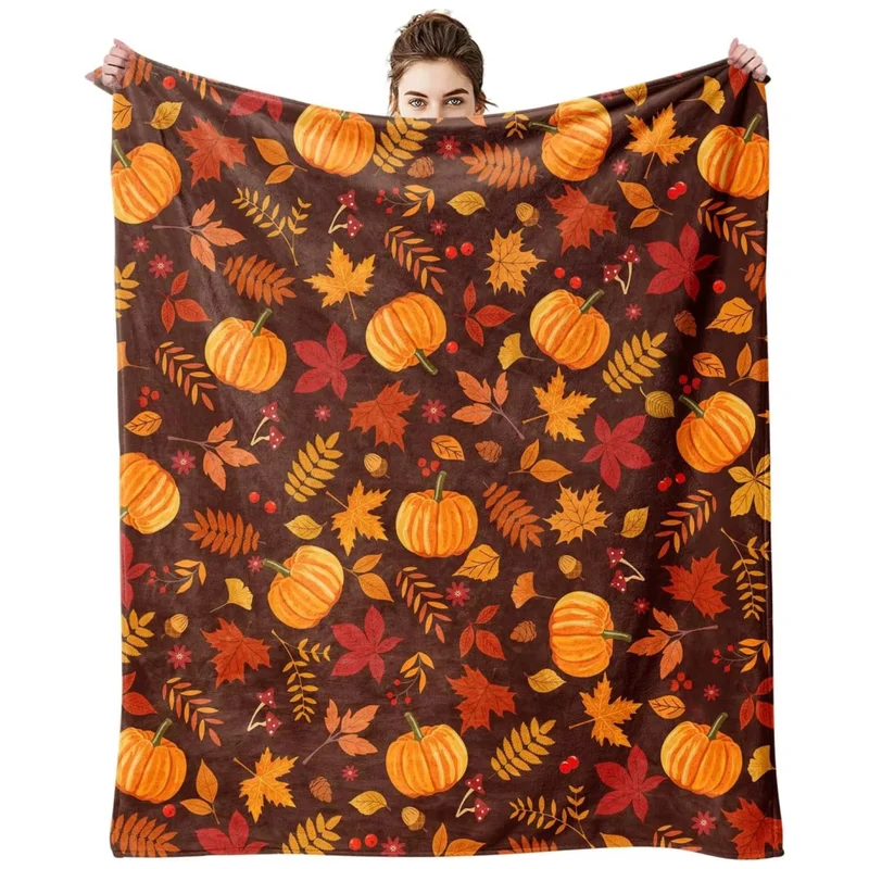 VIKAMA Autumn Throw Blanket Pumpkin Maple Leaf Mushroom Fern Soft Plush Fleece Couch Sofa Blanket Cozy Warm Holiday Decor
