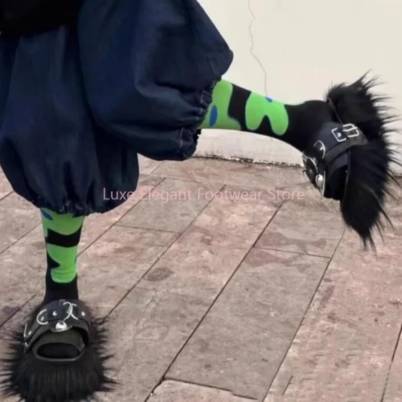 Black Furry Platform Belt Buckle Peep Toe Slippers Women Helght Increasing Leather Slip On Slippers Punk Gothic Party Sandals view 2