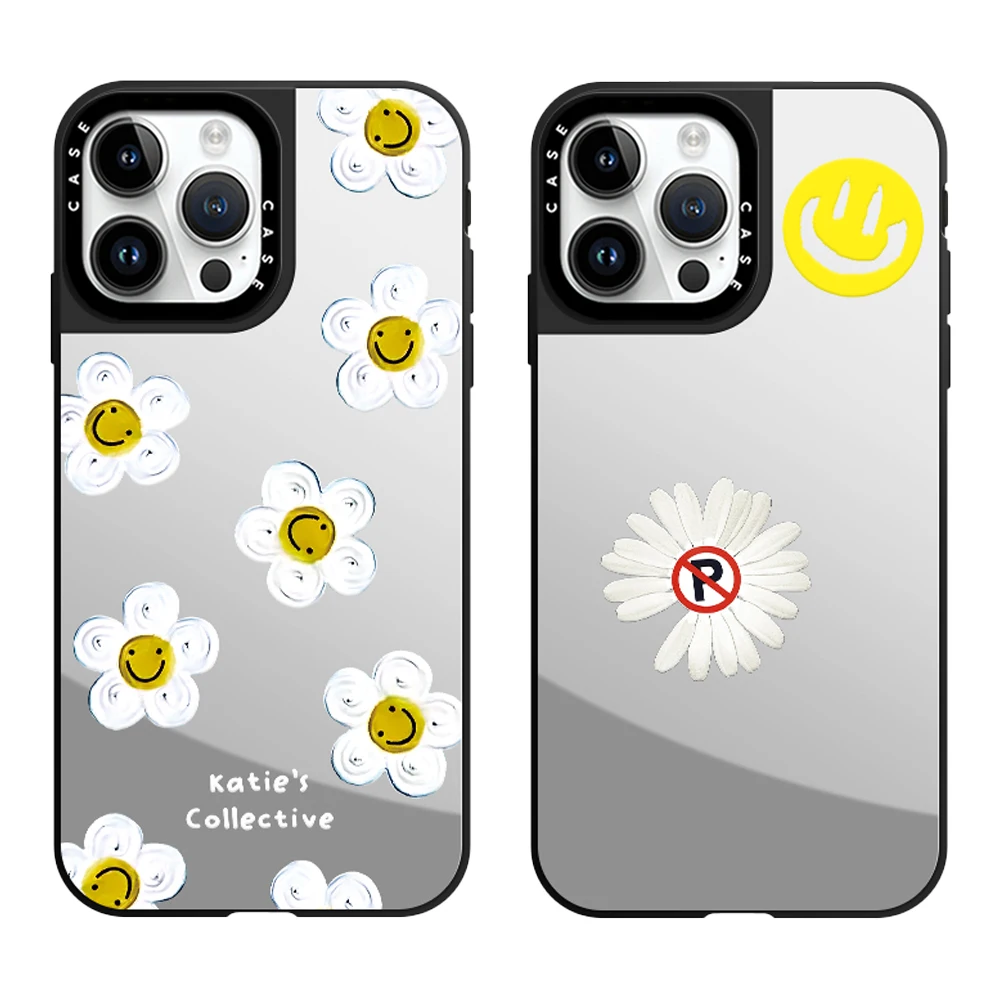 Smiley Face Daisy Flowers Mirror Phone Case With MagSafe For iPhone 16 15 14 13 12 Pro Max Plus Anti-drop Shockproof Back Cover