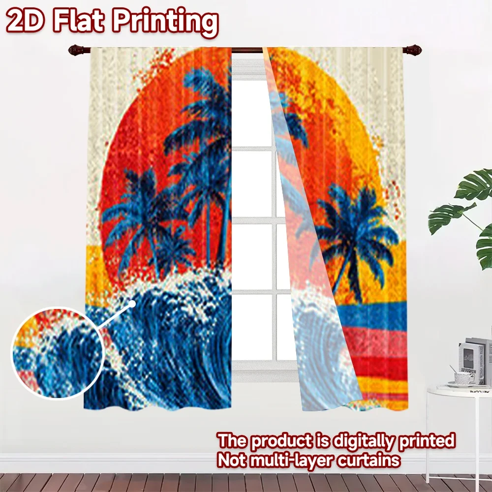 2D flat 2pcs Curtain Vintage drapes Curtains Tropical Sunset Palms Digitally printed polyester, colorfast Holiday Decorations