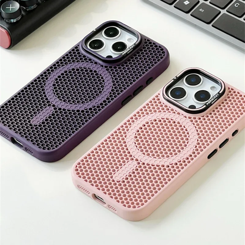 Funda con rejilla de panal para disipación de calor, compatible con MagSafe para iPhone 16 17 Pro Max 15 14 13 12 11, soporte de lente de aleación, carga inalámbrica 2