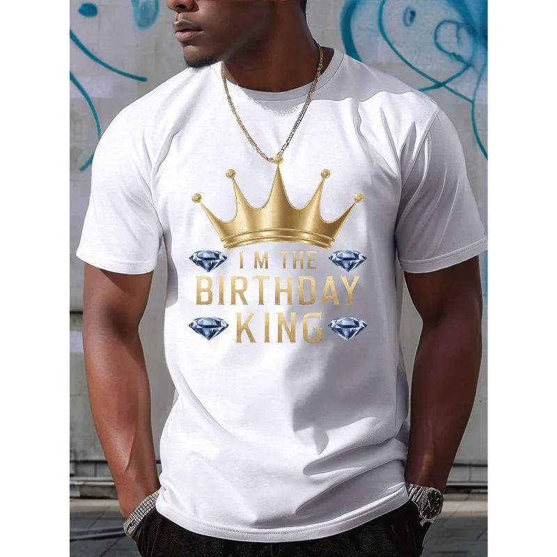 

Men's Birthday King Shirt Gold Crown Diamond Graphic Tee Funny Party Outfit Gift for Husband Dad Brother Boyfriend