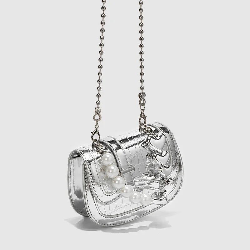 Pearl Chain Children Messenger Bags Crossarm Fashion Silver Handheld Girl Purse and Handbags Shoulder Bags Mother Kids Bag Sac view 3