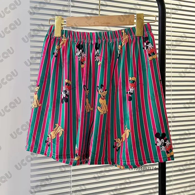 2025 New Striped Cartoon Disney Mickey & Pluto Print Couples Pajama For Women Men Short Pants Autumn Loose Casual Sleep Shorts