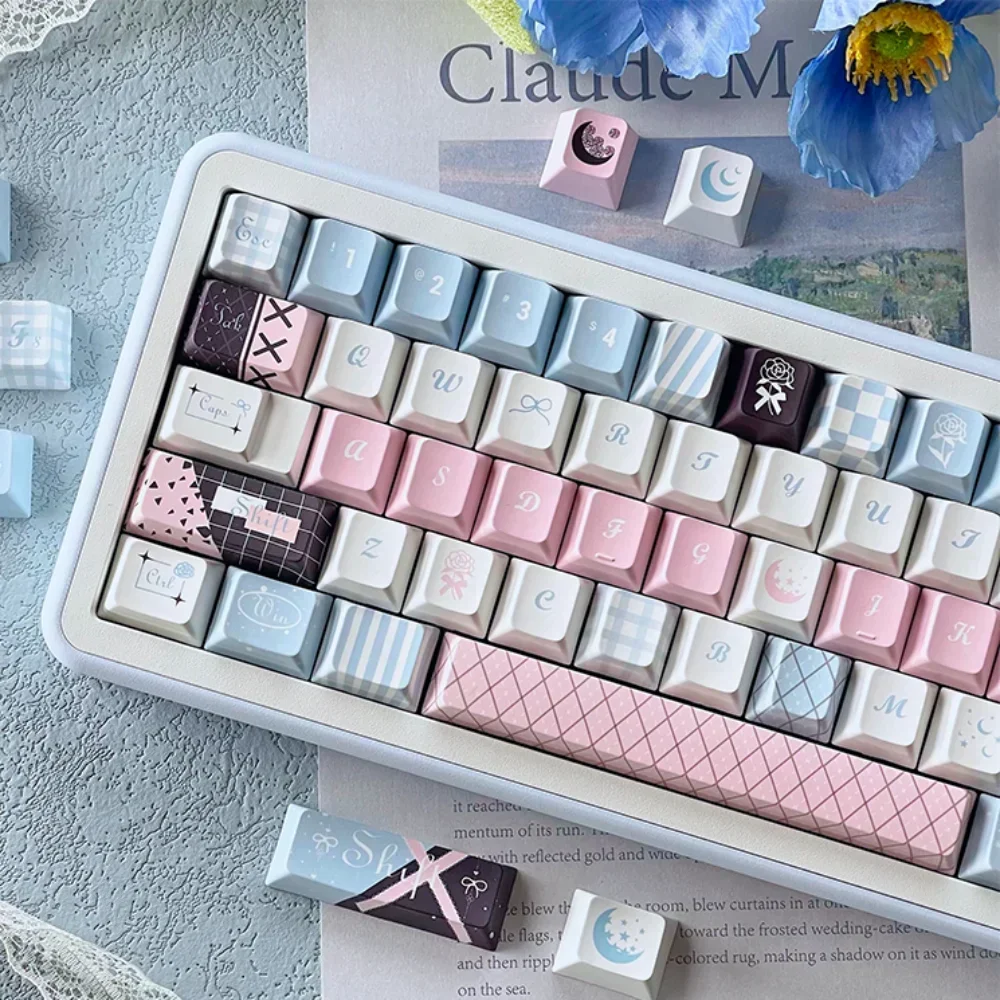 Teclas PBT de cereza Rosa debajo de la Luna, 128 teclas, Color degradado personalizado para chicas, 60/64/84/98/108, Teclados mecánicos