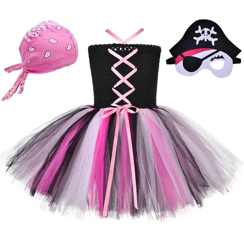 Girls Pirate Tutu Dress Kids Halloween Carnival Party Dress Up Clothes Outfit Black Pink Toddler Girls Fancy Pirates Costume