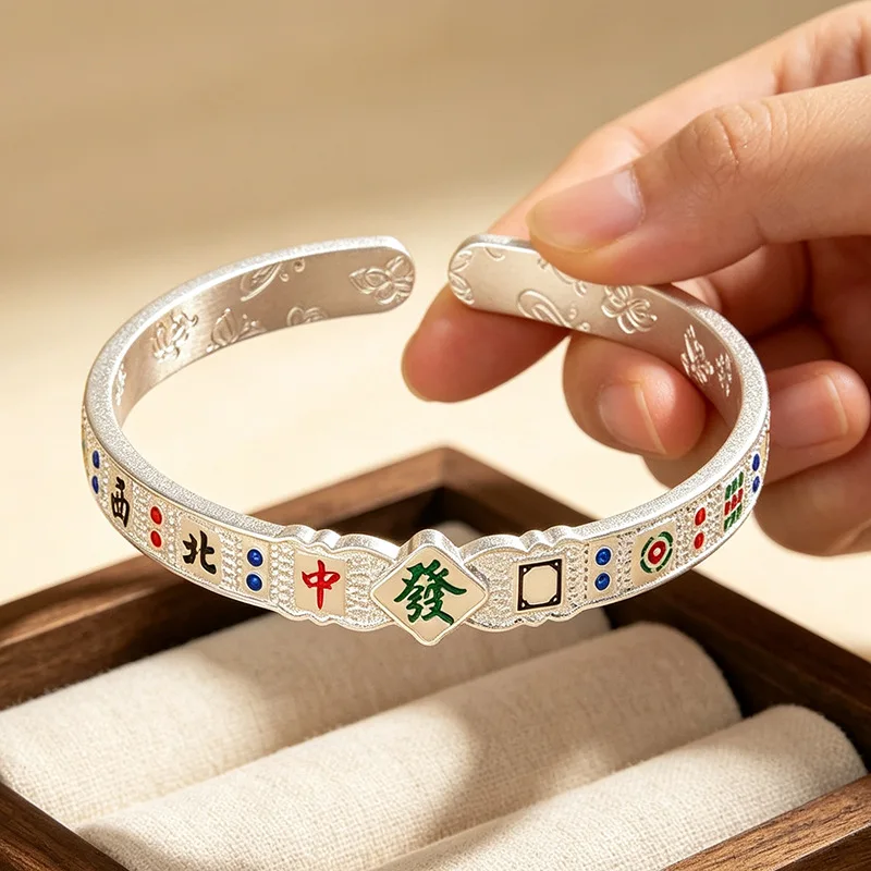 Original Jewelry Personality Mahjong Design 925 Sterling Silver Lady Bangle Promotion Gifts No Fade