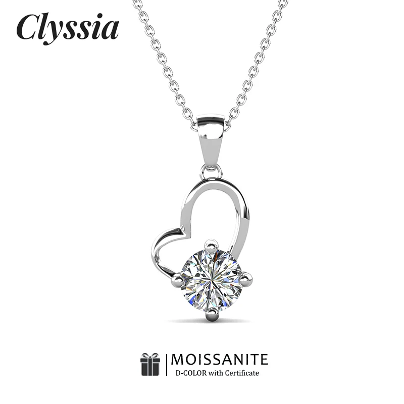 

CLYSSIA 1 Carat D Color Moissanite Diamond Pendant Necklaces Hollow Out Design 925 Sterling Silver White Gold Plated for Women