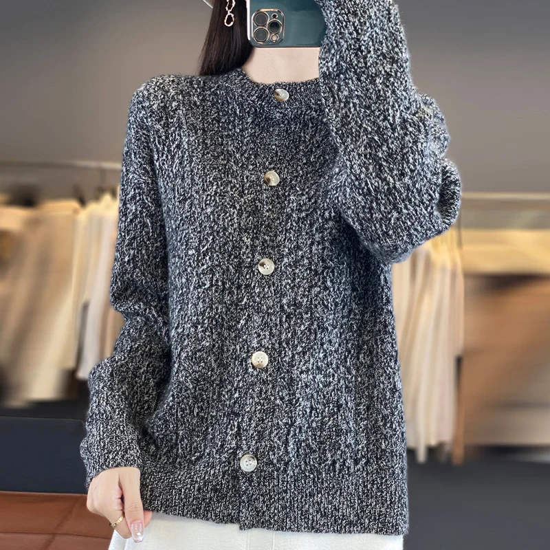 

Autumn Winter 100% Wool Sweater Cardigan Women's Round Neck Twisted Flower Loose Sweater Coat Thick Flower Yarn Knitted Sweater