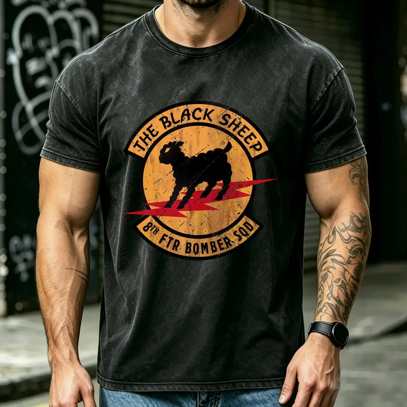 washed T Shirt Vintage Black Sheep 8th FTR Bomber Squadron long or short sleeves vintage Washed Soft streetwear Unisex