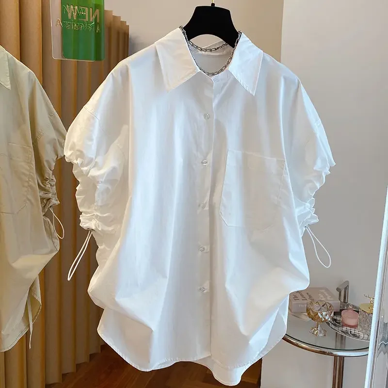 

Women's Puff Sleeve Shirts Solid Basics Casual Summer Loose Blouses Mujer Korean Fashion Retro Drawstring Blouses LJ532