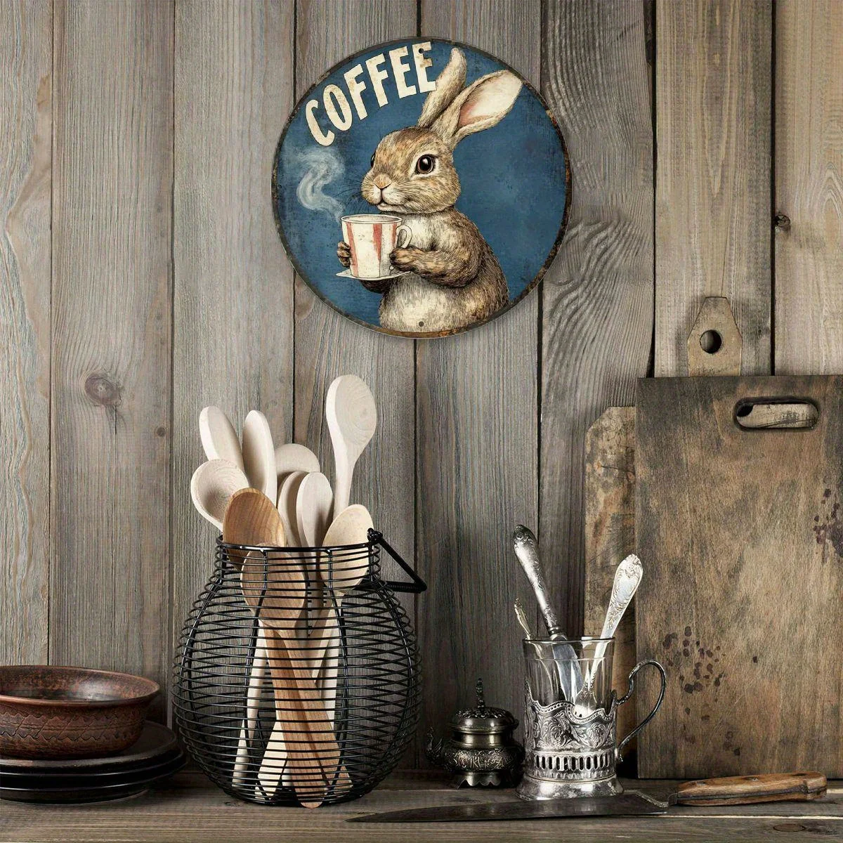 Vintage Coffee Rabbit Metal Wall Decor - Whimsical Blue Round Aluminum Sign with Steampunk Bunny Illustration for Home, Cafe, Re