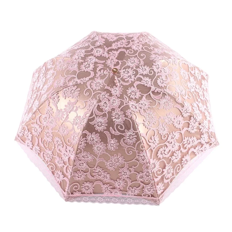 New Fashion Luxury Embroidered Flower Rain Umbrella for Women 3 Folding Double Layer Lace Up Parasol Luxury Uv Umbrellas