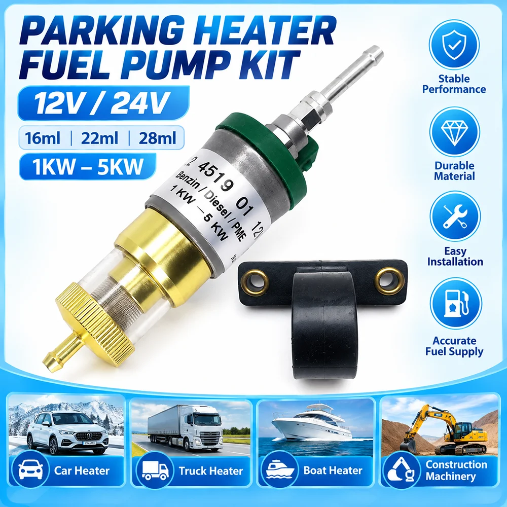 Universal Fit 12V/24V Fuel Pump for Webasto Eberspacher Parking Heater with Black Silicone Mount Bracket 16/22/28ml 1-5KW