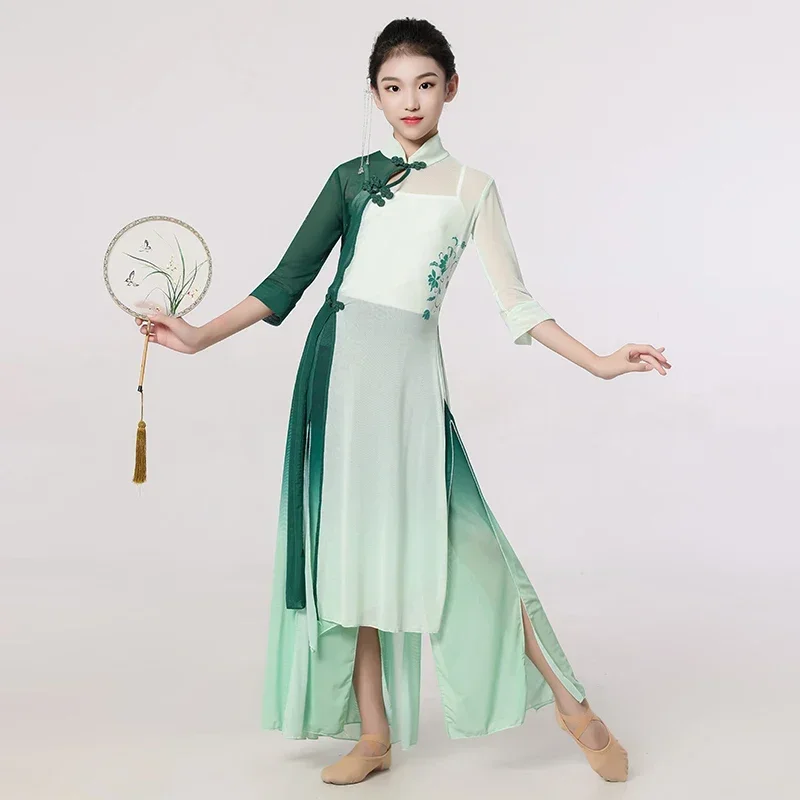 Atuendo de baile clásico para niños y mujeres, traje cheongsam, atuendo de práctica de baile étnico, atuendo de rendimiento de baile para fanáticos, edades de 4 a 12 años