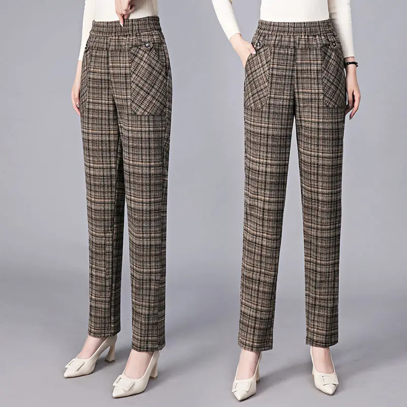 200 Pound Plus Size Pants Women Spring Autumn Straight Leg Middle-aged Fashionable Outerwear Loose Casual Plaid Pants Trendy