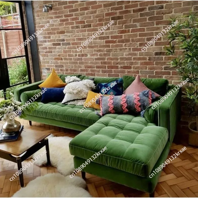 Light luxury retro fabric corner sofa Nordic ins small apartment living room B & B latex dark green velvet sofa