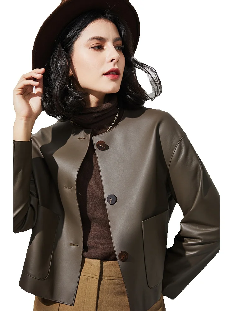 

New Spring Genuine Leather Coat Short Round Neck Women's Genuine Sheepskin Versatile Coat