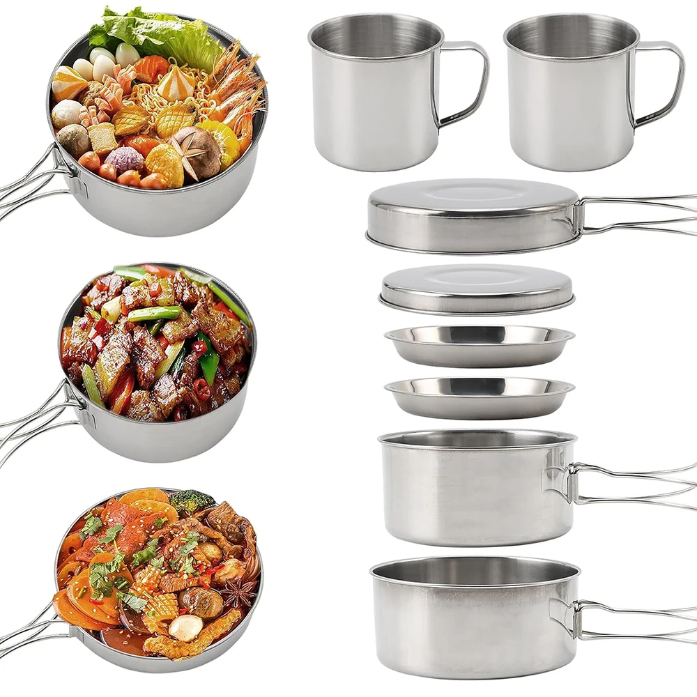 Roestvrij staal 8-delige pannenset voor kamperen Campingpot en pannenset met kopjes Buiten 2-3 personen servies voor wandelen Picknick