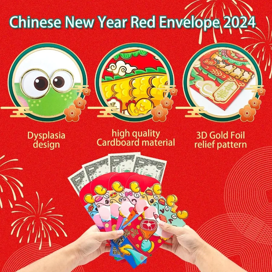 36 pezzi buste rosse cinesi 2024 Lur Capodanno cartone animato drago dinosauro pieghevole pat rosso per 2 dimensioni lussuoso colorato denaro fortunato