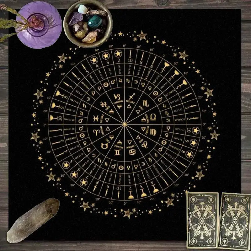 VIKAMA Black Gold Pentagram Four Elements Tarot Tablecloth Mystical Divination Altar Cloth Ritual for Spiritual Room Decor