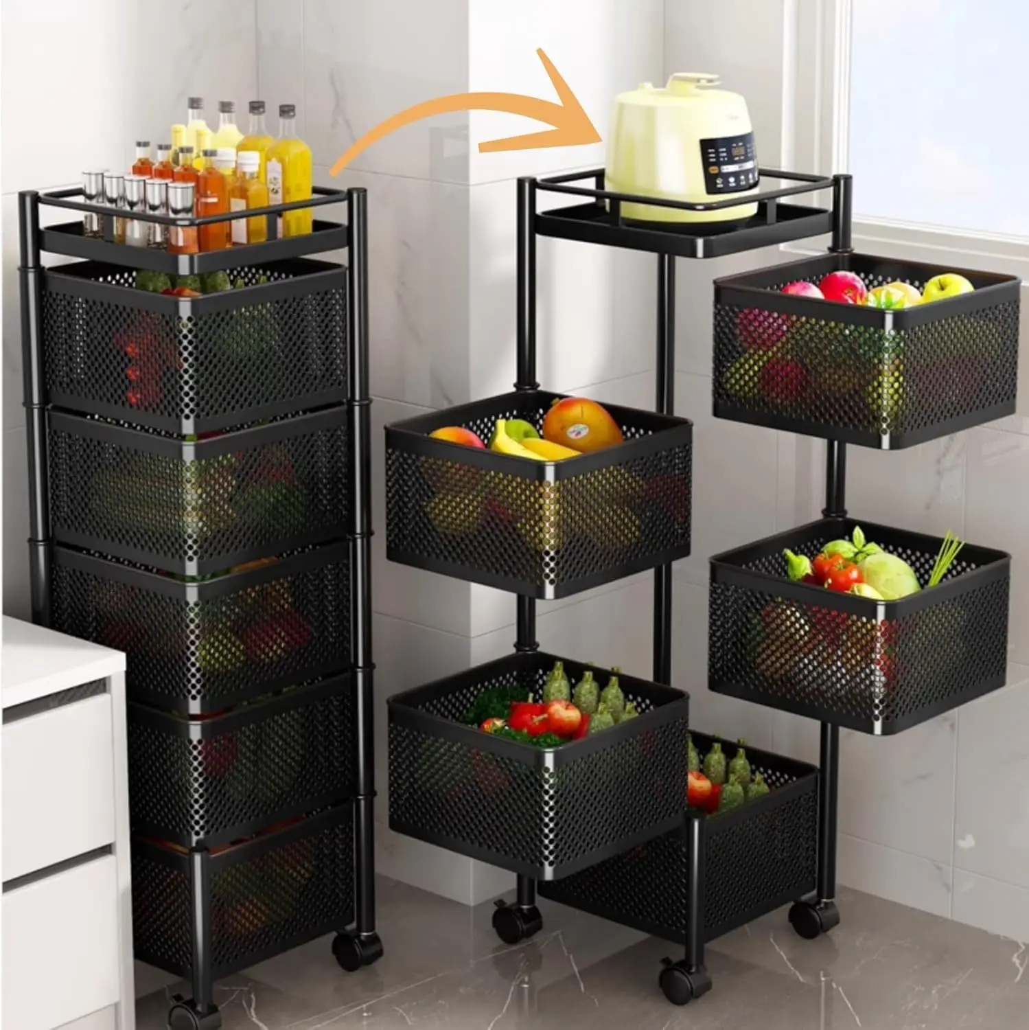 5 Tier Rolling Cart Vegetable Rack for Kitchen Rotating Storage Rack with Swivel Base Mobile Kitchen Cart on Wheels Breathable D 2