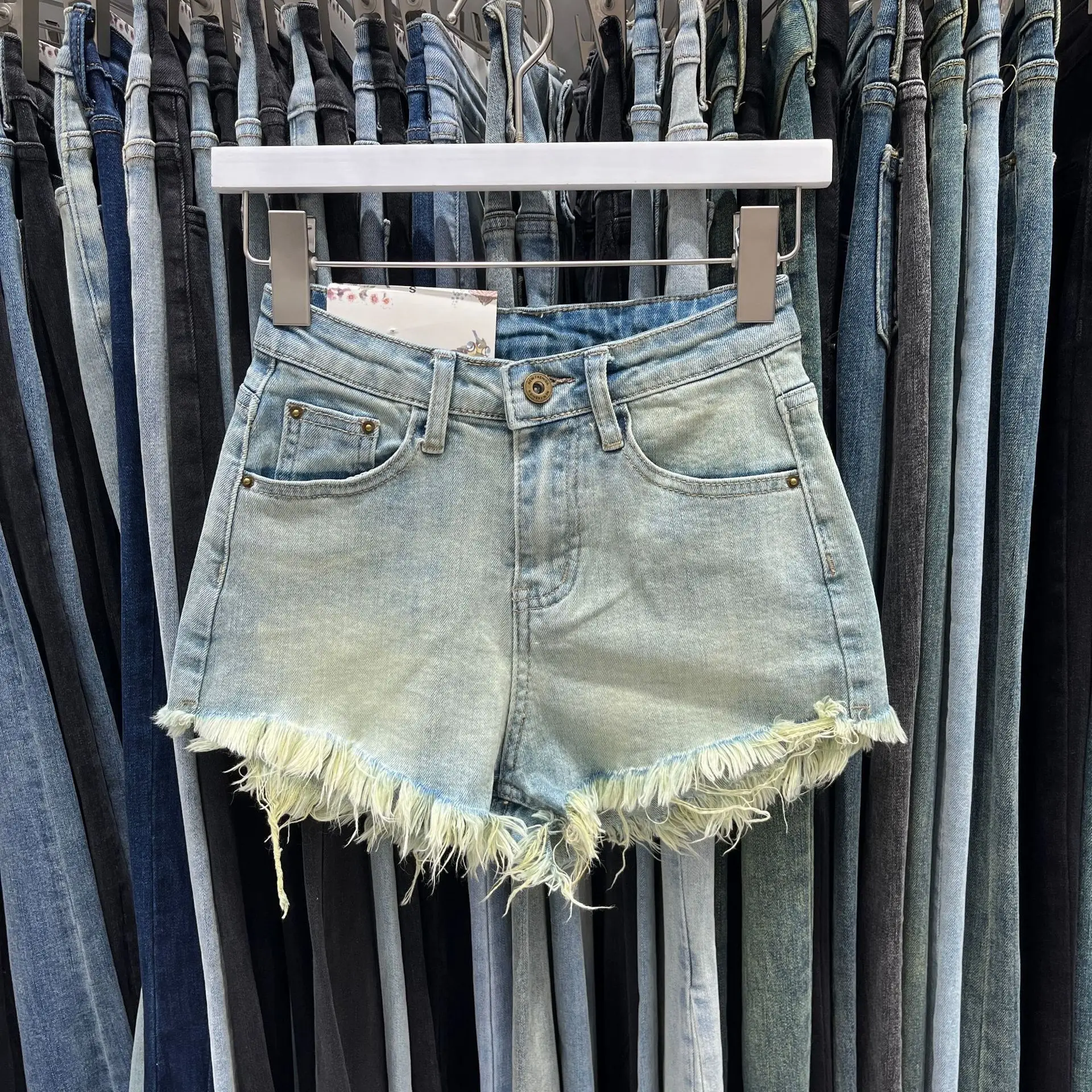 Faionable ارتفاع الخصر التخسيس المتعثرة Waed الدنيم ort ort orts المرأة الرجعية العصرية السراويل الساخنة القطن عالية الخصر واسعة Le...