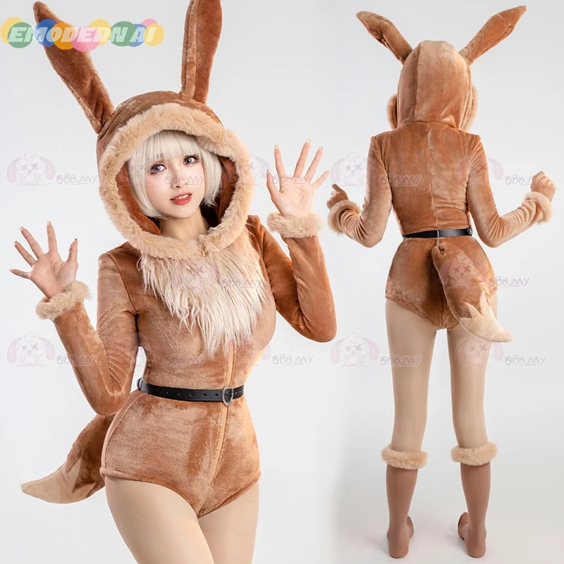 Anime Eevee Cosplay Costume Women Sexy Flannel Hooded Bodysuit Socks Suit Bunny Girl Cute Cartoon Plush Pajamas Jumpsuit Uniform