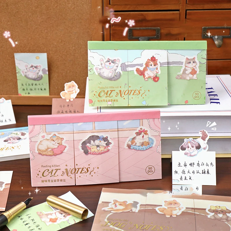 90pcs Memo Book Cartoon Stand Memo Book Creative Cute Cat Illustration Booklet Decoration Base Material Office Desktop Memo Mess