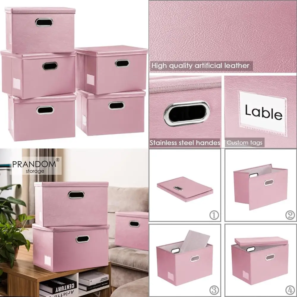 صناديق تخزين من القماش الجلدي قابلة للتكديس مع أغطية - 5 عبوات من حاويات تنظيم قابلة للطي للمنزل