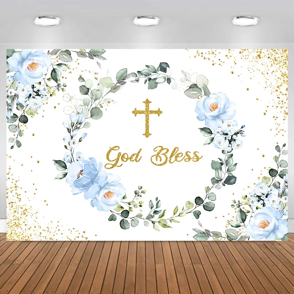 Mocsicka God Bless Photo Background First Communion Bule Floral Green Leaf Gold Glitter Backdrop Newborn Child Baptism Photocall